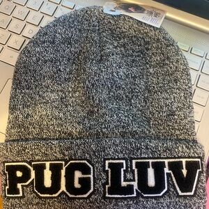 NWT, Claire’s Doug the Pug Black & White “Pug Luv” Beanie
